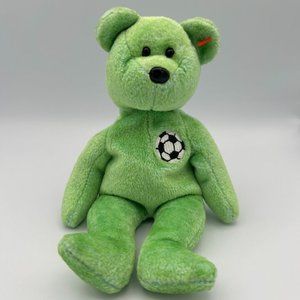 Ty Beanie Babies Collection "Kick" Green Bear Soccer 1999 Stuffed Animal Plush